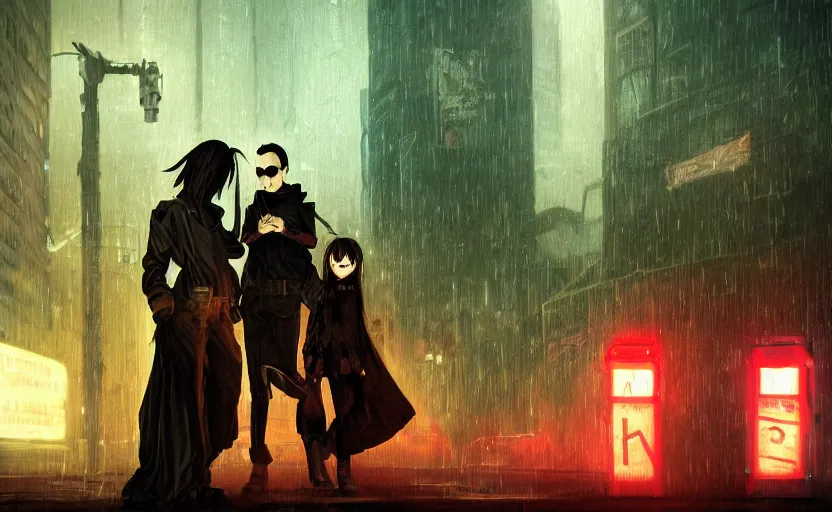 Prompt: an epic fantasy comic book style portrait painting of very beautiful imposing industrial goths trent reznor and lain ( serial experiments lain ) in the rain, neon reflections, character design by mark ryden and pixar and hayao miyazaki, unreal 5, daz, hyperrealistic, octane render, cosplay, rpg portrait, dynamic lighting, intricate detail, cinematic