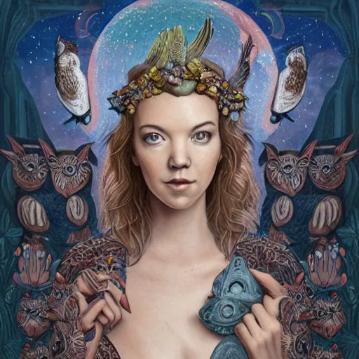 Image similar to a portrait of a older anya taylor - joy as the goddess minerva surrounded by stacks of books, owls, bioluminescent gown with deep level of detail of esoteric symbols, urban motifs, intricate, elegant, highly detailed, digital painting, trending on artstation, smooth sharp focus, illustration, art by artgerm and greg rutkowski