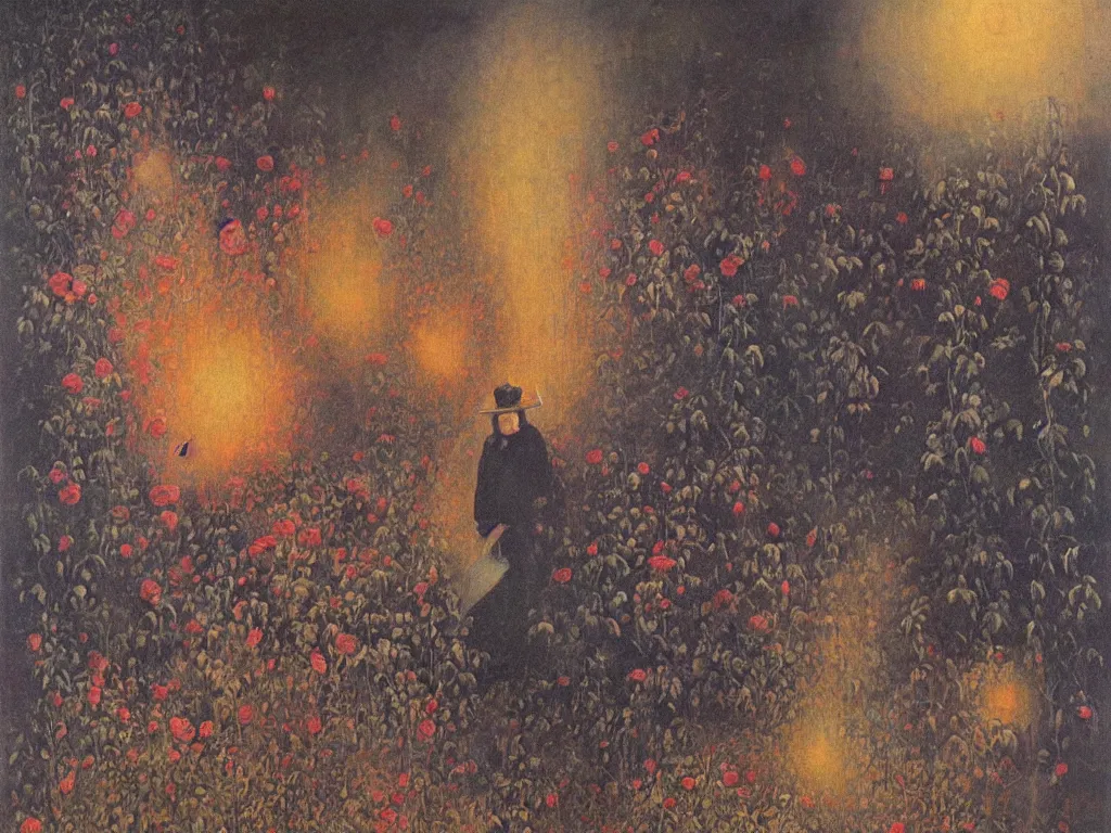 Prompt: man in white beekeeper suit with burning rose garden and small devil creatures. painting by mikalojus konstantinas ciurlionis, bosch, wayne barlowe, agnes pelton, rene magritte