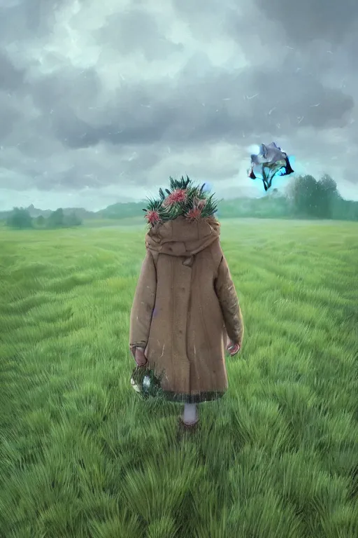 Prompt: portrait, an enormous thistle flower head, girl wearing a coat in field, surreal photography, wind, cloudy sky, dramatic light, impressionist painting, digital painting, artstation, simon stalenhag