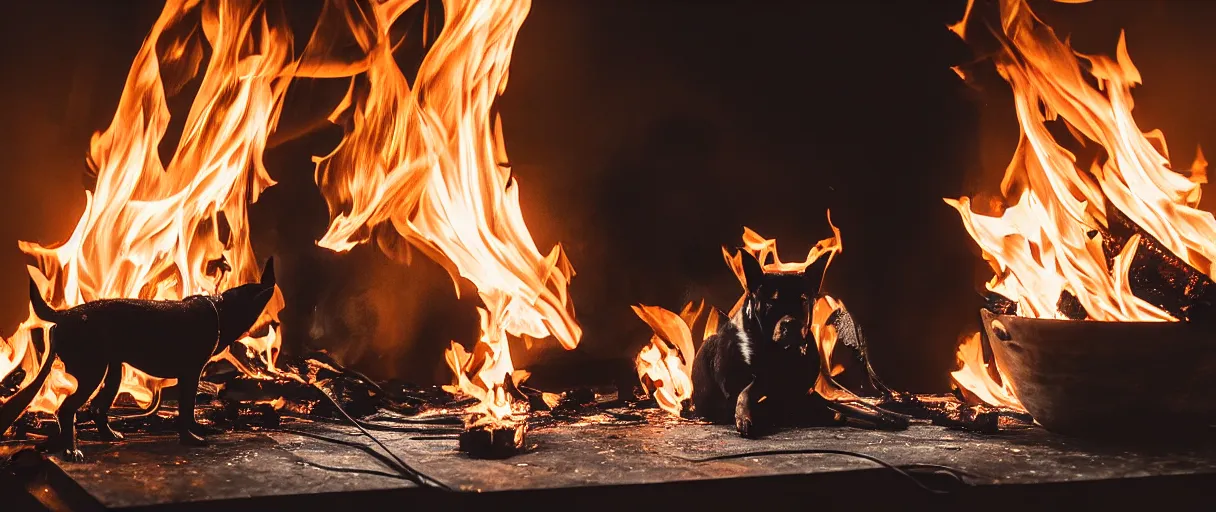 Image similar to a studio photograph (flash on) of a big fire on a dining room on fire, an human-like relaxed dog sitting on a wooden chair at a table (no fire at all there), lights on, ☕ on the table, surrounded by flames, a lot of flames behind the dog, black smoke instead of the ceiling, no watermark