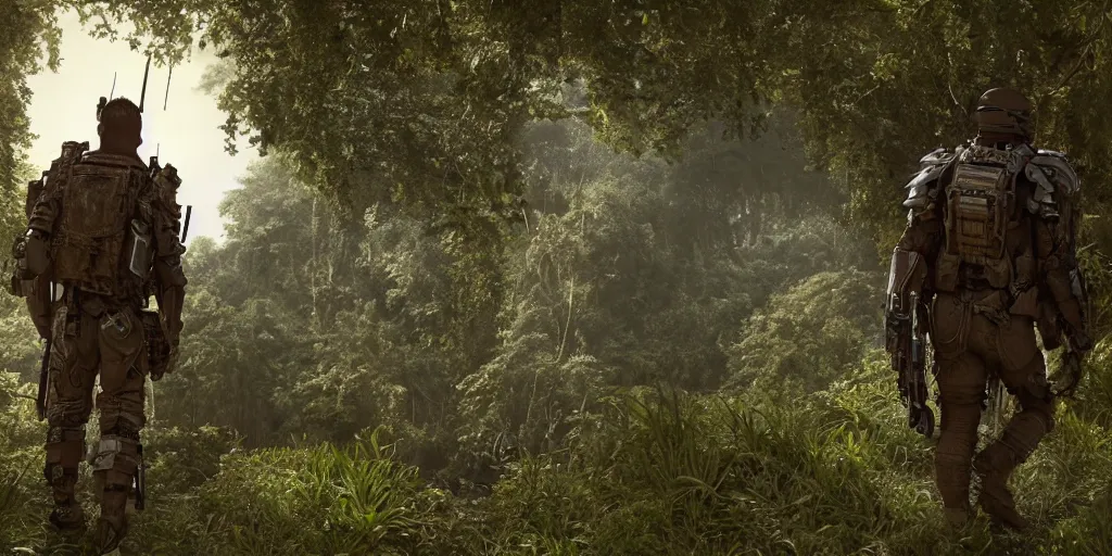 Prompt: edge of tomorrow soldier with deadspace backpack lights wanders through a beautiful overgrown ancient fort. by gustave dore. 8 k, vray, unreal engine, blender cycles, colorful