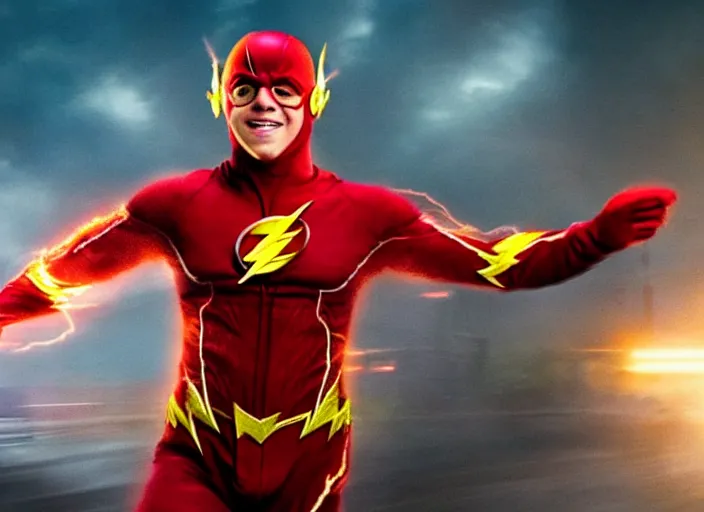 Image similar to film still of danny devito as the flash in the new flash movie, 4 k