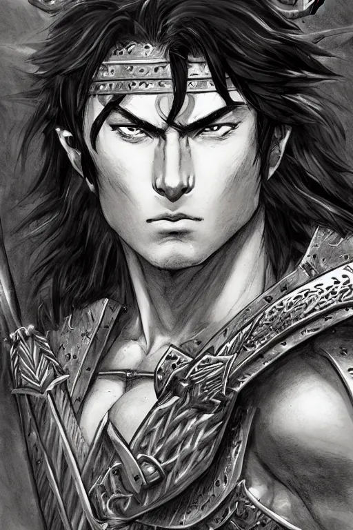 Prompt: A realistic anime portrait of a young handsome male barbarian with long wild hair, intricate fantasy spear, plated armor, D&D, dungeons and dragons, tabletop role playing game, rpg, jrpg, digital painting, by Frank Frazetta, concept art, highly detailed, promotional art, HD, digtial painting, trending on ArtStation, golden ratio, rule of thirds, SFW version