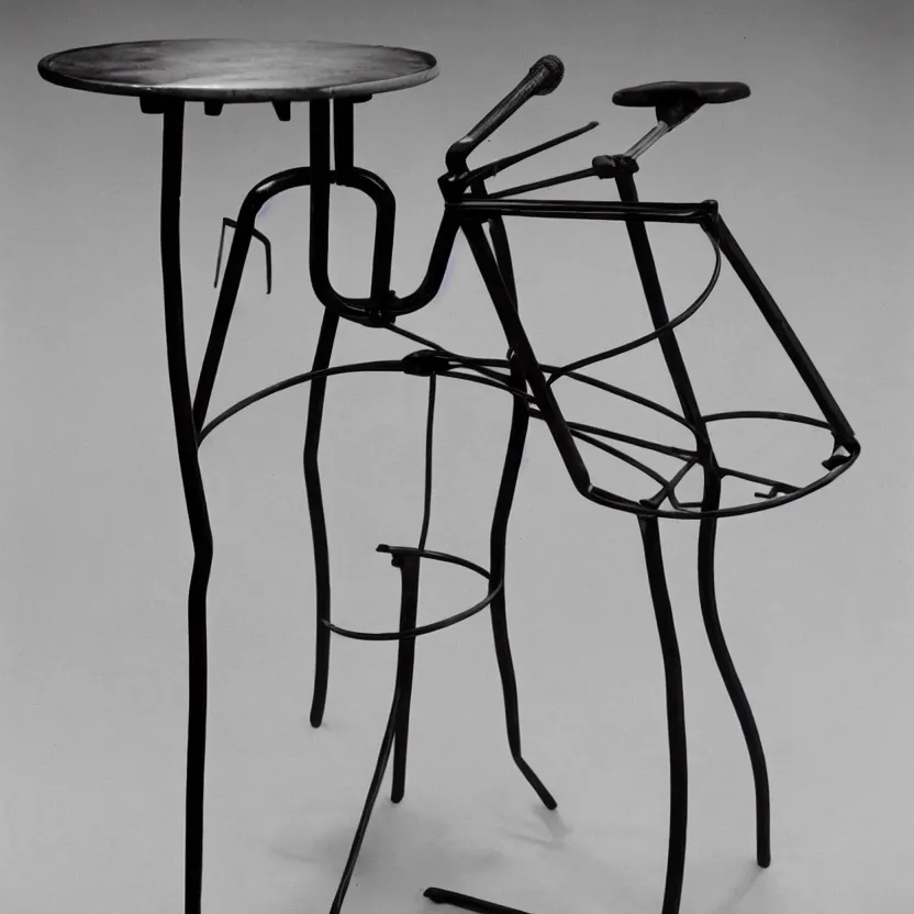 Prompt: an impossible quantum readymade object named Roue de Bicyclette sur tabouret, by Marcel Duchamp on a pedestal, packshot, by Irving Penn and Man Ray, 4k