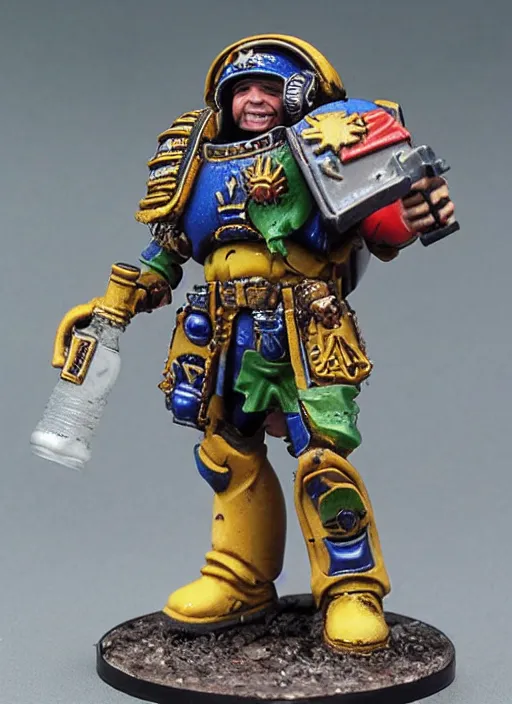 Prompt: 8 0 mm resin detailed miniature of a drunk warhammer 4 0 k space marine holding a beer cannon, product introduction photos, 4 k, full body,