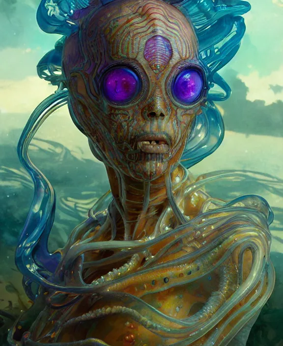 Image similar to intricate colorful transparent portrait of a terrifying beautiful alien sea creature, mottled coloring, adorable, childlike, biopunk environment, ultra realistic, concept art, art nouveau, photorealistic, octane render, 8 k, unreal engine. art by christopher marley and artgerm and greg rutkowski and alphonse mucha