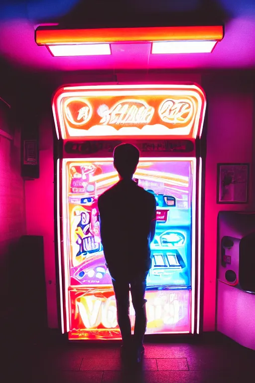 Prompt: agfa vista 4 0 0 photograph of a guy standing in front of an arcade machine, synth vibe, vaporwave colors, lens flare, moody lighting, moody vibe, telephoto, 9 0 s vibe, blurry background, grain, tranquil, calm, faded!,