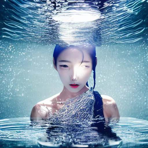 Prompt: beautiful centered fine art photo portrait of hoyeon jung as a solarpunk robotic humanoid treading on water below, white mechanical parts with led lights, ultra - detailed and intricate, white background, sun lighting, soft focus, slow exposure hdr 8 k