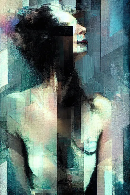 Image similar to a beautiful glitched painting by christian hook of a woman in a bathroom, geometric shapes and pixel sorting, brushstrokes by jeremy mann, still life, dark colors