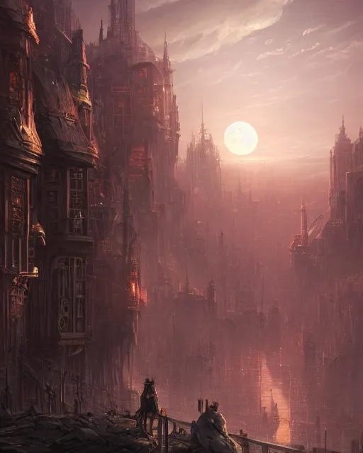 Image similar to a city moonrise landscape, realistic, environment art, fantasy art, landscape art, in the style of greg rutkowski, illustration, epic, fantasy, intricate, hyper detailed, artstation, concept art, smooth, sharp focus, ray tracing