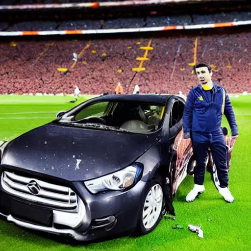 Image similar to xavi hernandez next to a crashed car, in camp nou