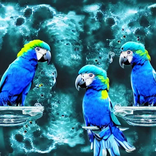 Image similar to blue parrots emerging from fluids mixing, atmospheric liquids, ornate intricate, hyper realistic, 16k, post processing, saturated blue colors, nature background