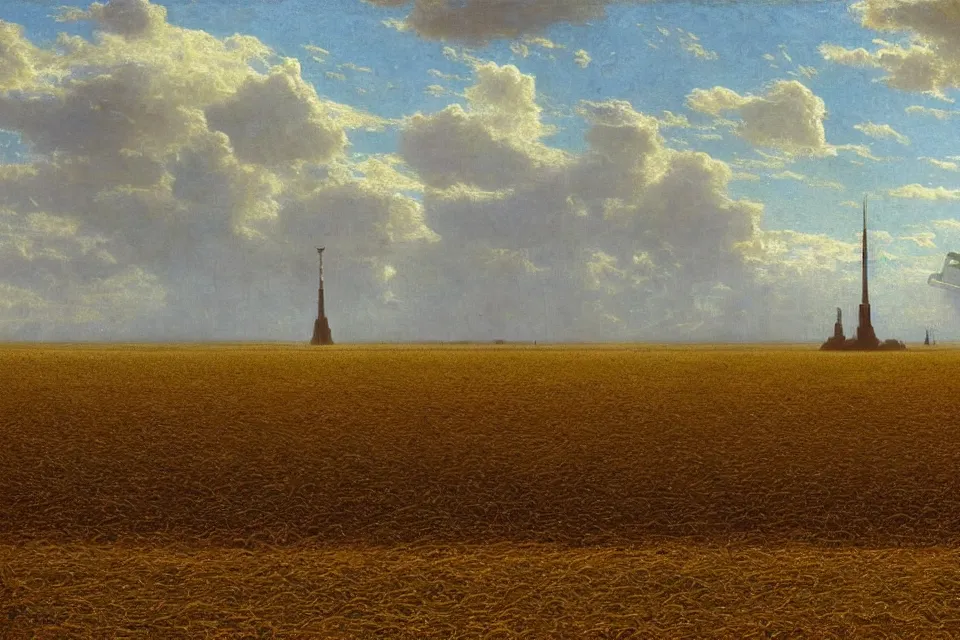 Image similar to sci-fi painting of a large alien city on the vast wheat fields, the closed back view of one humanoid robot on the ground, by Albert Bierstadt, godrays, detailed