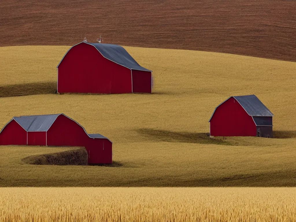 Image similar to A single isolated old red barn next to a wheat crop at the bottom of a cliff at noon. Award winning photography, wide shot, surreal, dreamlike.