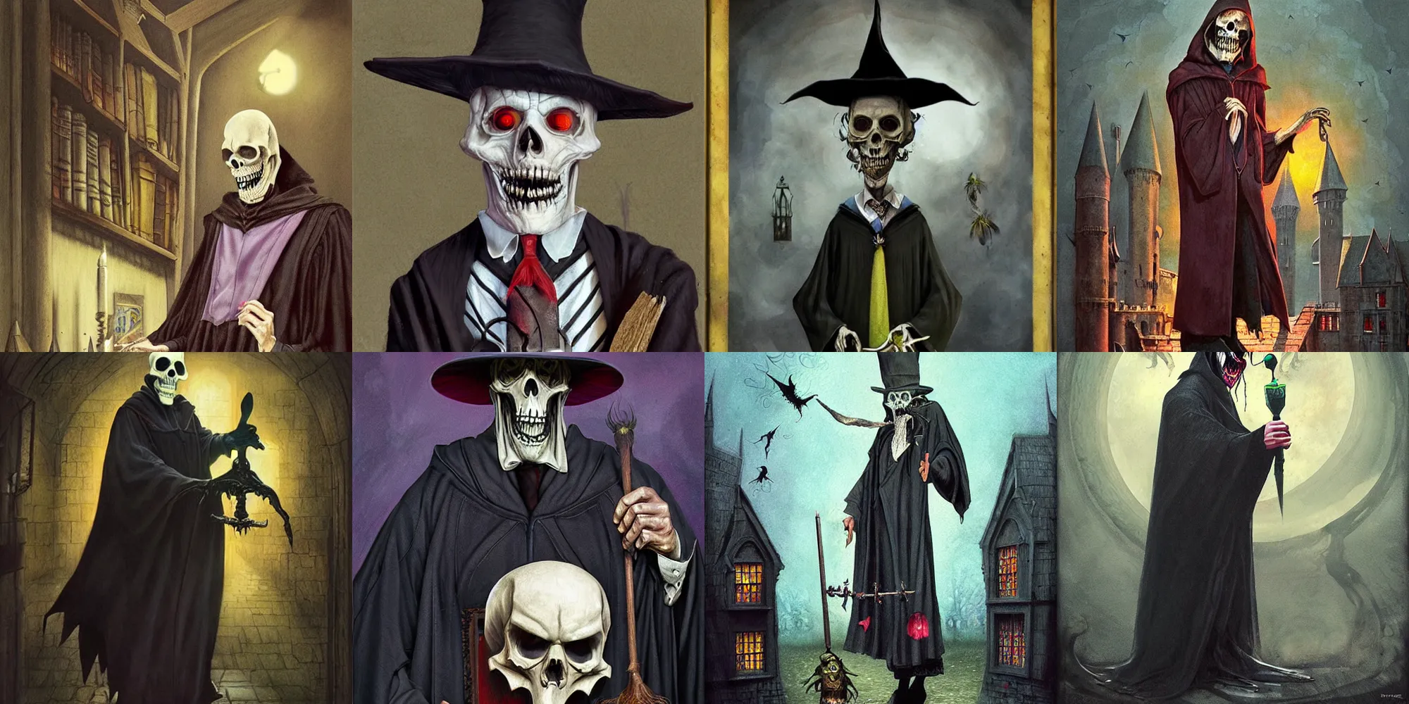 Prompt: the Reaper as a scary, but eccentric professor at Hogwarts School of Witchcraft and Wizardry, detailed, hyperrealistic, colorful, cinematic lighting, digital art by Paul Kidby’