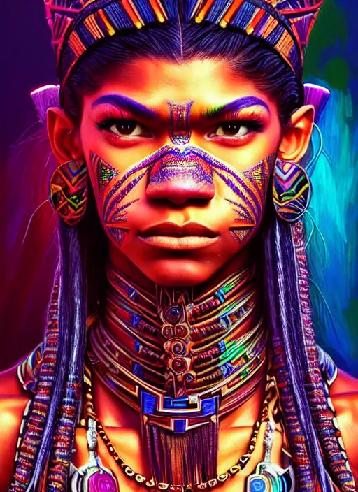 Image similar to portrait of zendaya, hyper detailed ultra sharp aztec shaman warrior. trending on artstation, warpaint aesthetic, bloodwave, colorful, psychedelic, ornate, intricate, digital painting, concept art, smooth, sharp focus, illustration, art by artgerm and greg rutkowski and h. r. giger, 8 k