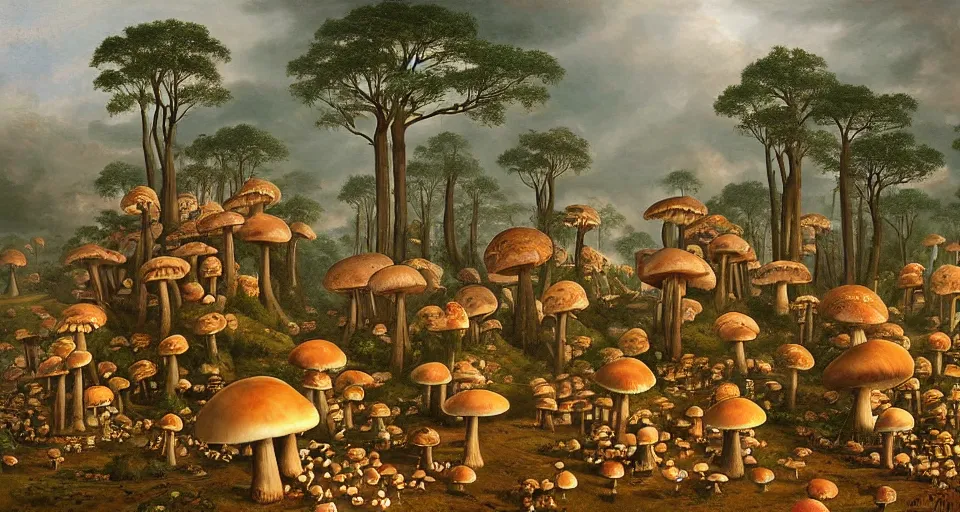 Image similar to A tribal village in a forest of giant mushrooms, by André François