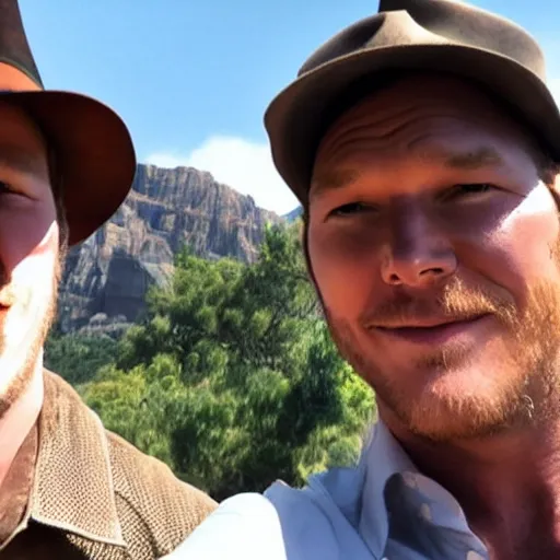 Image similar to chris pratt as indiana jones taking a selfie with harrison ford, instagram, cinematic, natural lighting, genuine smile