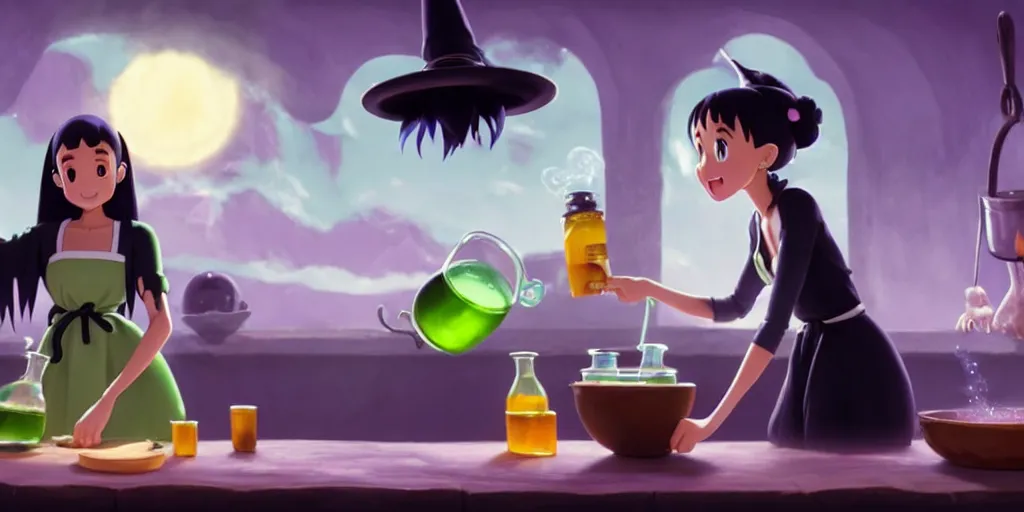 Image similar to a wholesome animation key shot of a ariana grande with black hair as a witch cooking a magic potion in her cauldron of bubbling green liquid as her cats watch, medium shot, waist up, studio ghibli, pixar and disney animation, sharp, rendered in unreal engine 5, anime key art by greg rutkowski, bloom, dramatic lighting