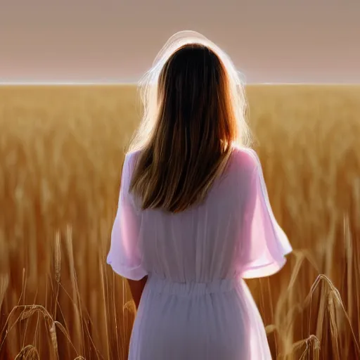 Image similar to close-up shot, a beautiful painting of a girl in a airy semi-transparent thin light dress standing in the glowing wheat fields, mystical setting, afternoon sun, long shadows, photo from the back, 135mm, trending on artstation