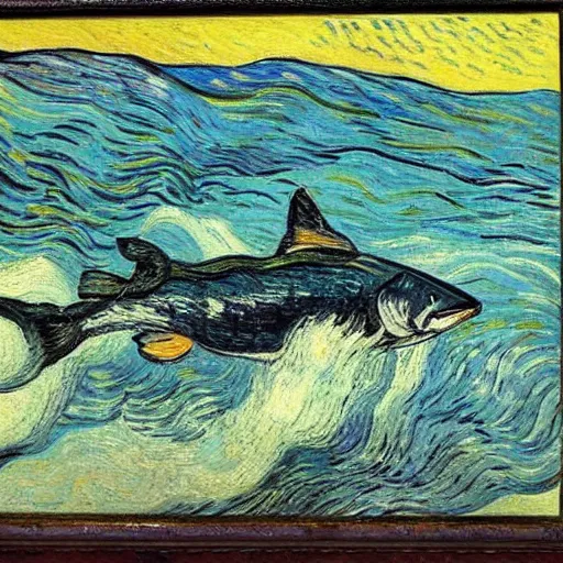 Image similar to salmon jumping out of the river on a sunny day. by van gogh.