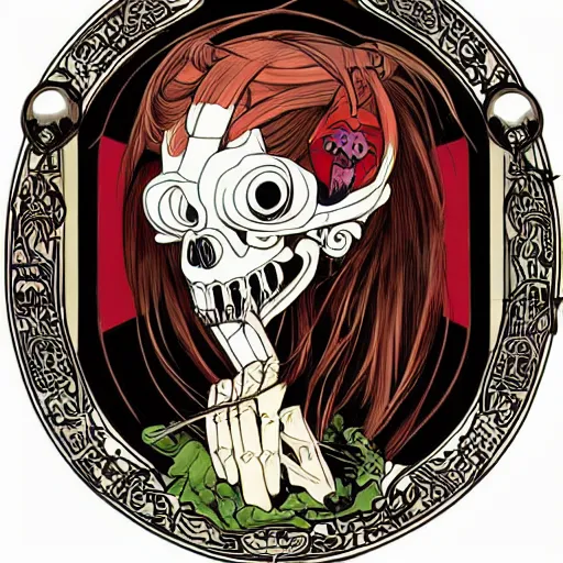 Image similar to anime manga skull portrait girl female skeleton illustration ren stimpy looneytoons art Geof Darrow and cuphead alphonse mucha pop art nouveau