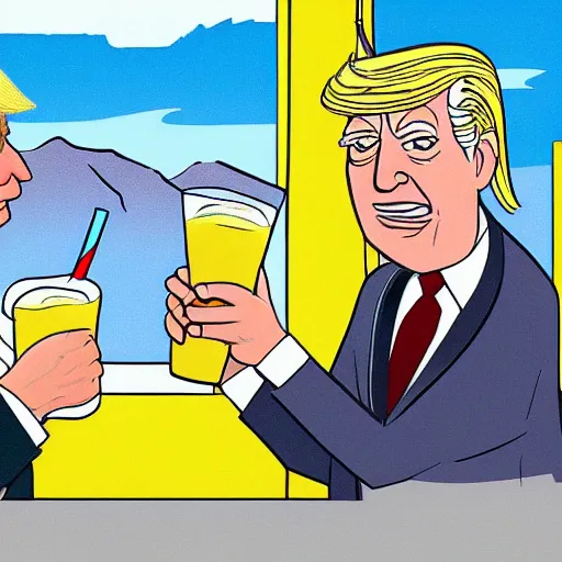 Image similar to cartoon drawing of Biden and Trump together drinking a lemon drink with Rio de Janeiro mountains on the background