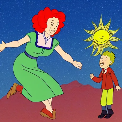 Image similar to screenshot of Ms. Frizzle accidentally ejecting a child into the sun, from The Magic School Bus (1994-1997), animated