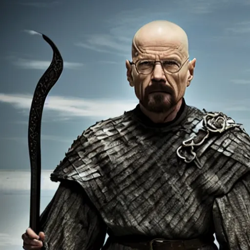 Image similar to walter white dresses like a knight from game of thrones, holding a sword, cinematic, highly - detailed, 8 k, hbo, game of thrones, realistic