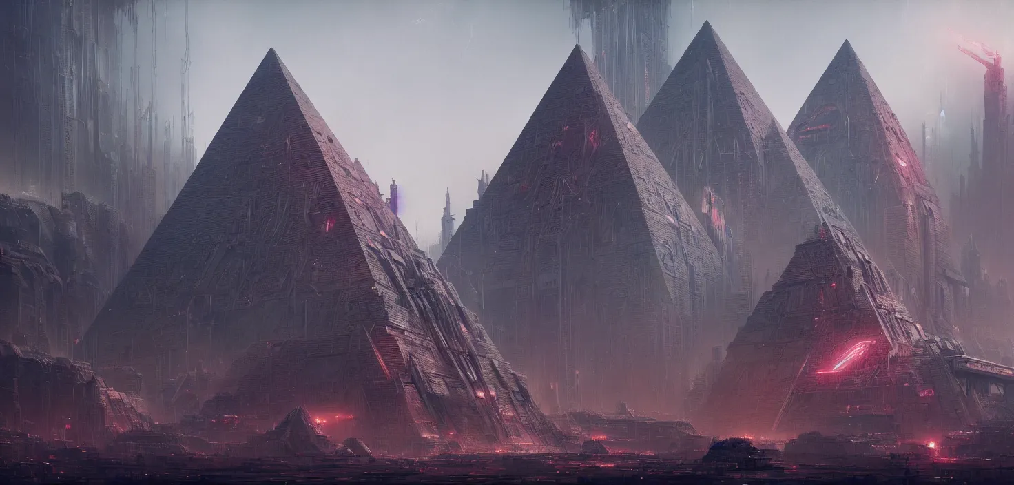 Image similar to cyberpunk egiptian pyramid overview, Greg Rutkowski, HR Giger, Wadim Kashin, in Zdzisław Beksiński color scheme, featured in artstation, octane render, cinematic, elegant, intricate, 8k