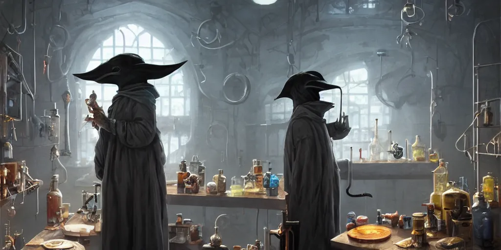 Image similar to a plague doctor and a humanoid rat in a laboratory with lots of flasks filled with magic liquids, stephen bliss, unreal engine, fantasy art by greg rutkowski, loish, rhads, ferdinand knab, ilya kuvshinov, rossdraws, tom bagshaw, global illumination, radiant soft light, detailed and intricate environment