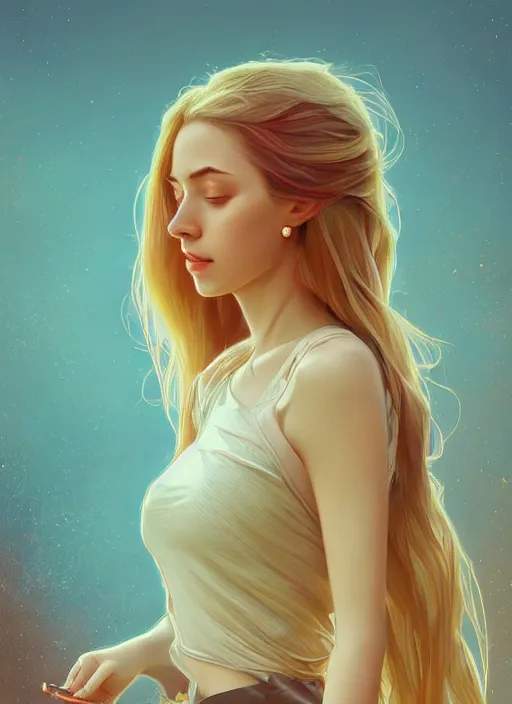 Image similar to handsome young women with shoulder length blonde hair, half body shot, path traced, highly detailed, high quality, digital painting, alena aenami, lilia alvarado, shinji aramaki, karol bak, alphonse mucha, tom bagshaw