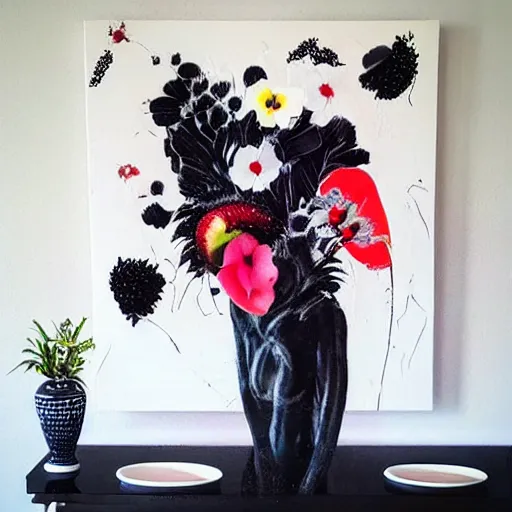 Image similar to “art in an Australian artist’s apartment, portrait of a woman wearing black silk cloth, eating luscious fresh raspberries and strawberries and blueberries, white wax, edible flowers, Japanese pottery, ikebana, black walls, acrylic and spray paint and oilstick on canvas”