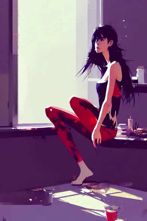 Image similar to a ultradetailed beautiful panting of a stylish woman sitting in a messy apartment, by greg rutkowski, conrad roset and makoto shinkai, trending on artstation