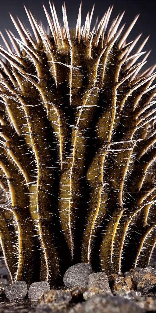 Image similar to professional photo shot of a scutigera cactus made of silica crystal spikes, melted with rocks in the background, microscopic picture, droplets of water, grimy, gritty, trending on artstation, award winning, close shot, by aleks labuda and barry webb