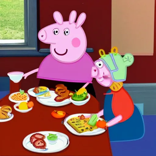 Image similar to peppa pig and George sitting at a table eating a plate full of bacon