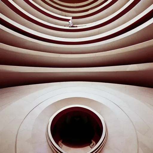 Prompt: interior foyer and staircase of a futuristic lotus temple with gold, red and white marble panels, in the desert, by buckminster fuller and syd mead, intricate contemporary architecture, photo journalism, photography, cinematic, national geographic photoshoot