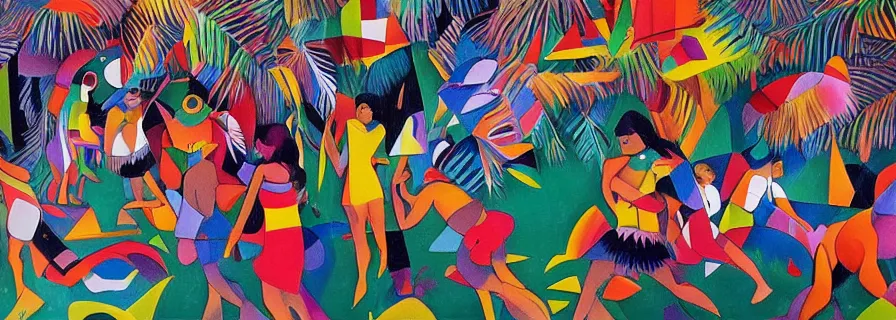 Image similar to party in jungles, girls with a slim figure in carnival skirts and guys in polygonal print shorts dance to the sound of ethnic drums, author zima blue, very elongated lines, wasily kandinsky, malevich, surrelialism, color splashes, grain