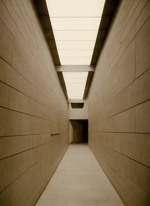 Image similar to a photograph of a hallway designed by louis kahn, 3 5 mm, film camera, dezeen, architecture, center framing