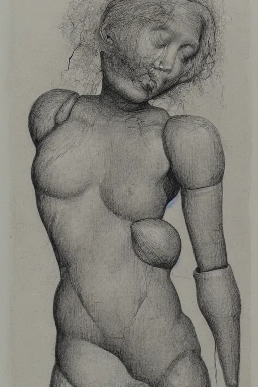 Image similar to highly detailed drawing of 2 dolls body and head mixed up by Hans Bellmer