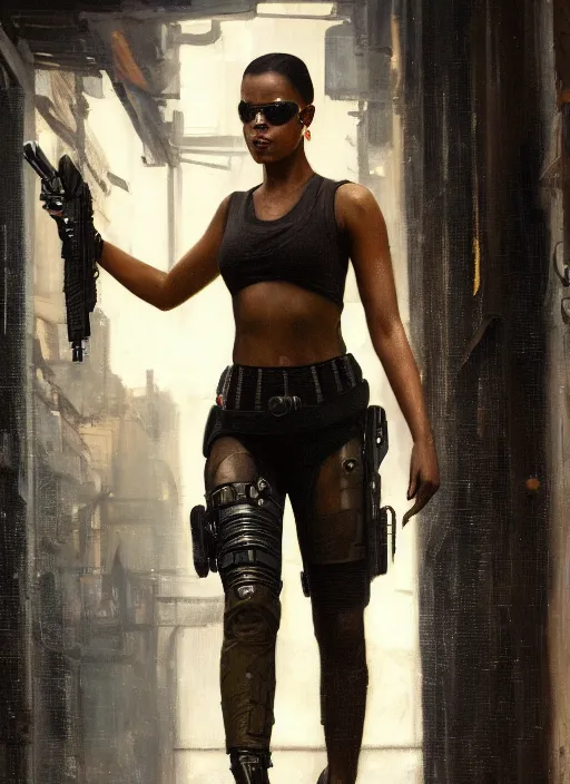 Image similar to Maria Igwe. Cyberpunk hitwoman wearing military vest walking through nightclub (blade runner 2049, cyberpunk 2077). Orientalist portrait by john william waterhouse and James Gurney and Theodore Ralli and Nasreddine Dinet, oil on canvas. Cinematic, hyper realism, realistic proportions, dramatic lighting, high detail 4k