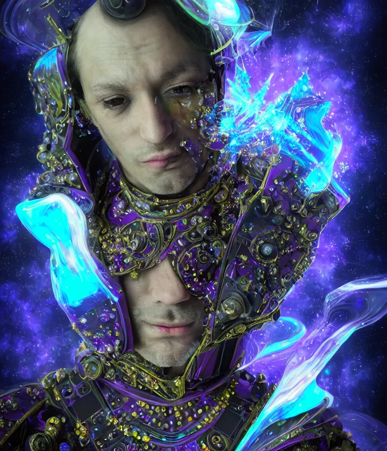 Image similar to impressive spectacular front!! shot photo of a court jester character fine portrait fine portrait mesmerizing fractal hyper cubes platinum cracked dark future hyper dimensional space galactic crystal nebula edges elegant detailed intricate concept artstation sharp focus ray tracing cinematic masterpiece temporal corruption beeple wlop germ 8 4 k scifi glossy hyper realistic illustration canon eos r 3 fujifilm x - t 3 0 sony alpha a 6 6 0 0