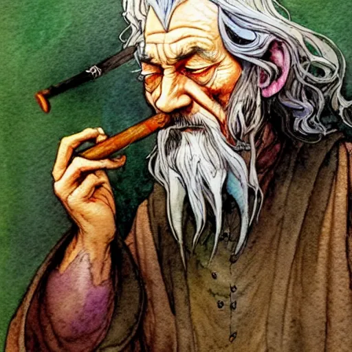 Image similar to a realistic and atmospheric watercolour fantasy character concept art portrait of gandalf with bloodshot eyes smoking a pipe looking at the camera with a pot leaf nearby by rebecca guay, michael kaluta, charles vess and jean moebius giraud