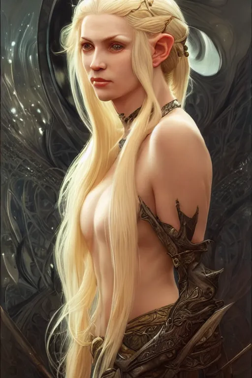 Image similar to portrait of an old blonde elven mage, dark, piercing eyes, gentle expression, elegant clothing, photorealistic, highly detailed, artstation, smooth, sharp focus, art by michael whelan, artgerm, greg rutkowski and alphonse mucha