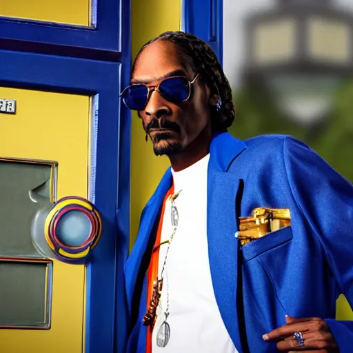 Image similar to snoop Dogg as a 10th doctor in doctor who stayed in his TARDIS, ultra detailed photo, 4k, DSLR, long shot, cinematic