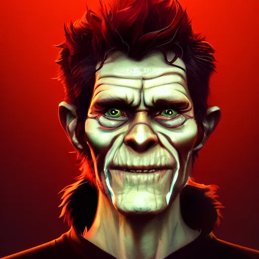 Image similar to Portrait of Willem Dafoe as the Devil, red skin, horns under his cheek, mattepainting concept Blizzard pixar maya engine on stylized background splash comics global illumination lighting artstation lois van baarle, ilya kuvshinov, rossdraws