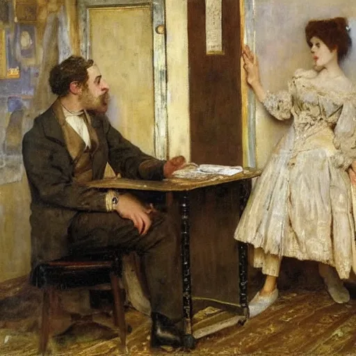 Image similar to a man and a woman solving an escape room puzzle alfred stevens