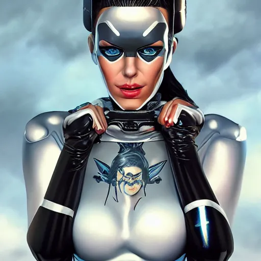 Prompt: a full bodied portrait of beautiful, mischievous, young woman in latex suit by sandra chevrier, detailed render, epic composition, cybernetics, 4 k realistic, cryengine, realistic shaded lighting, sharp focus, masterpiece, by matteo scalera, gary montalbano, peter elson in the style of the tokyo ghost comic, epic angles