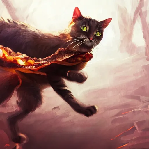 Image similar to deeply scared cat running away from the giant carnivorous sandwich, artstation hq, dark phantasy, stylized, symmetry, modeled lighting, detailed, expressive, true unsimulated emotions, created by hidetaka miyazaki, dark souls 3 artstyle